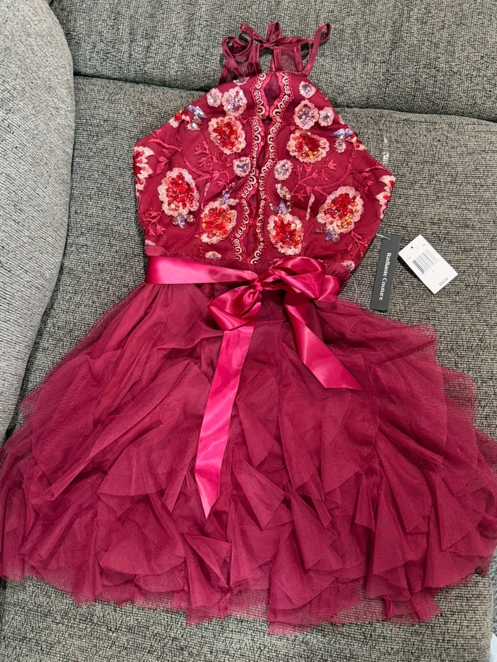 Womens/Juniors Floral Embroidered Halter Tulle Dress in Berry NWT
